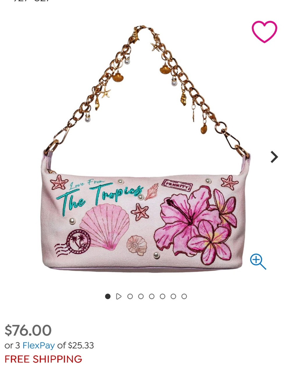 Tropical Pink Embroidered Shoulder Bag with Gold Charm Strap - Picture 6 of 6